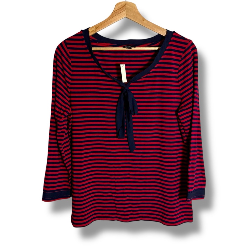 NWT Talbots Red/Navy Striped Tie Neck 3/4 Sleeve Top